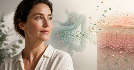 Natural adult portrait beside a restrained editorial illustration connecting the gut microbiome with skin barrier structure