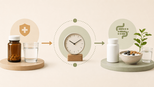 Diagram showing antibiotic timing water clock and probiotic food routine placed apart