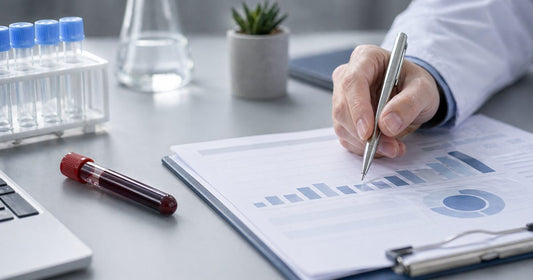 Editorial medical-planning scene with ferritin tracking cues, blood results review, and a clinician hand in a clean diagnostic setting