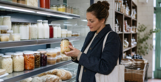 Person choosing fermented foods from a chilled farm shop display with yoghurt kefir and vegetable jars