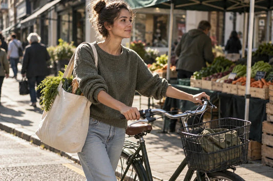 A woman walking a bicycle past a neighbourhood produce market, carrying a reusable tote filled with vegetables.