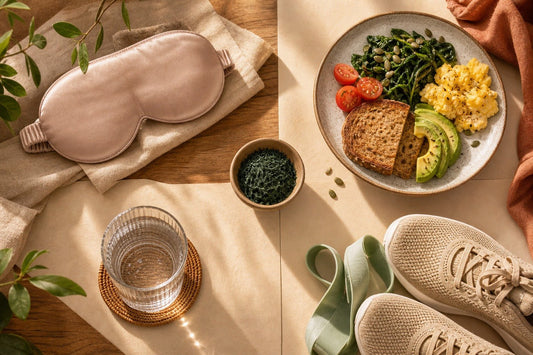 Visual routine showing sleep, balanced food, hydration, movement, and Spirulina as one support