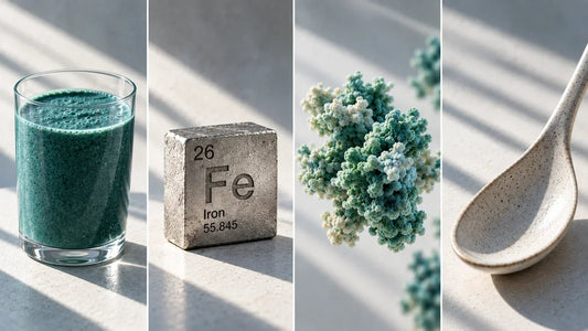 Conceptual nutrition collage showing a green drink, an iron element tile, a molecular illustration and a ceramic spoon.