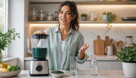 Young woman preparing a spirulina smoothie in a bright kitchen, speaking toward the viewer with a natural and relaxed expression