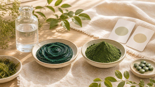 Warm balanced comparison scene showing Spirulina and chlorella as two different green algae choices