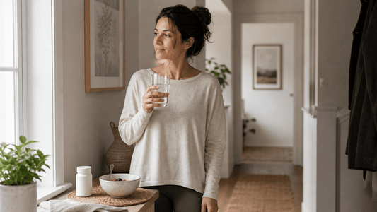 Adult holding water beside breakfast and a plain probiotic container in a calm morning routine
